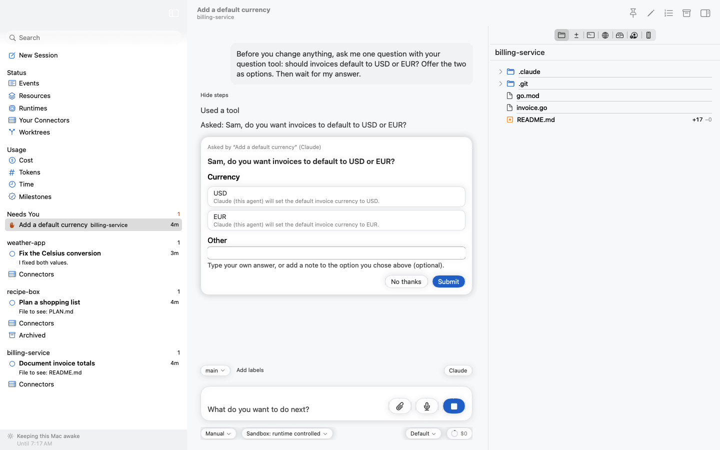 The Mac window with an agent's conversation and its live document beside it