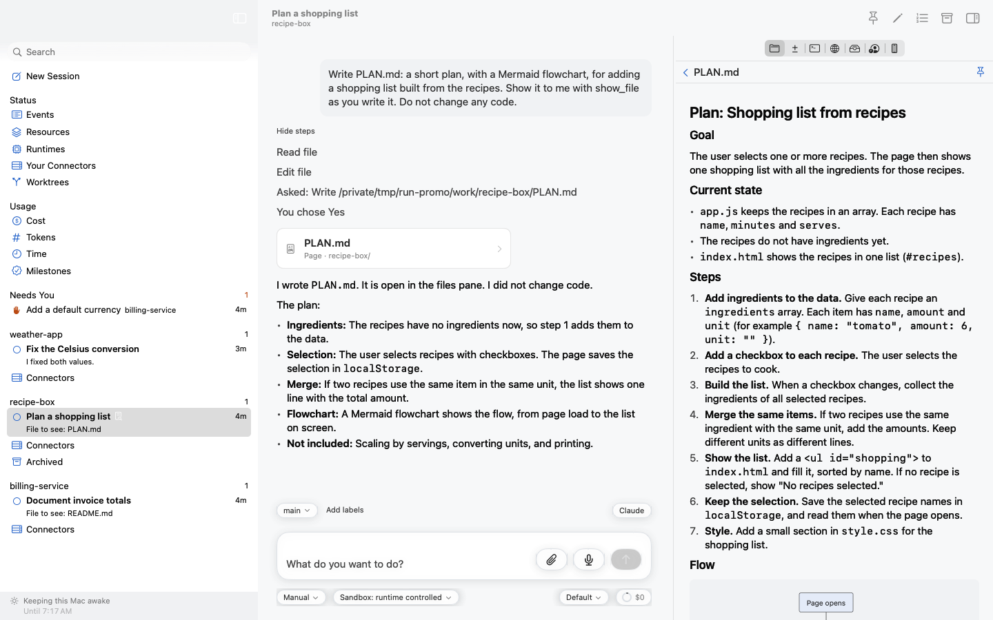 The Agents window on a Mac: folders and their agents in the sidebar, grouped by what happens next, with one conversation open